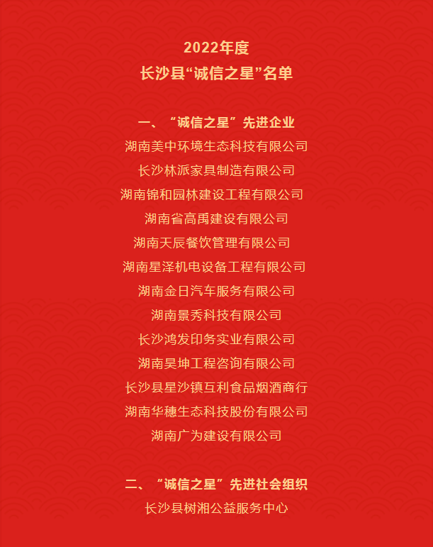 热烈祝贺我公司“湖南星泽机电设备工程有限公司”被评为2022年度“诚信企业”